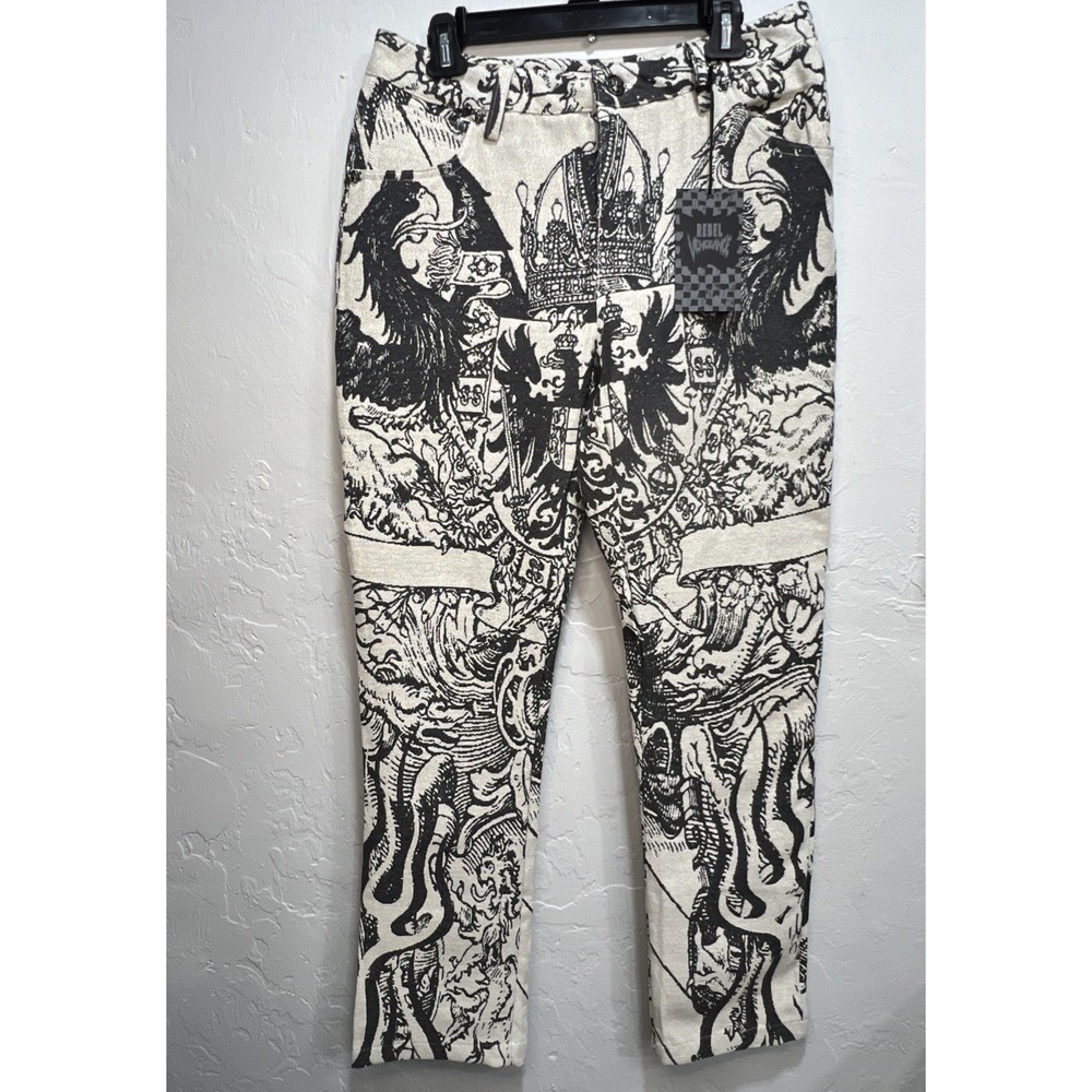 Rebel Vengeance Woven Tapestry Graphic Pants Black White Medieval Crest Size 30